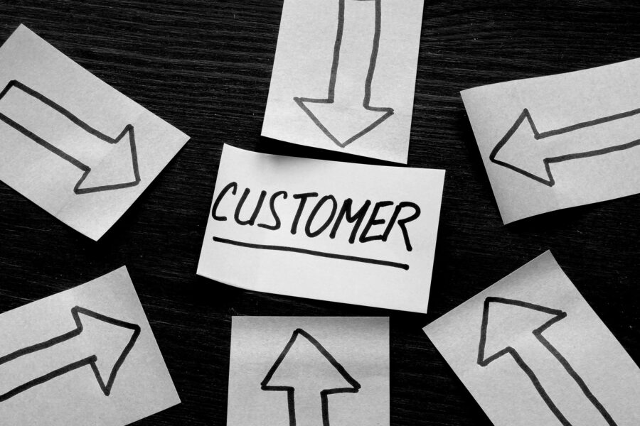 Customer Centric concept. Arrows on pages.