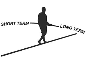 A person balances on the words 'short-term' and 'long-term'