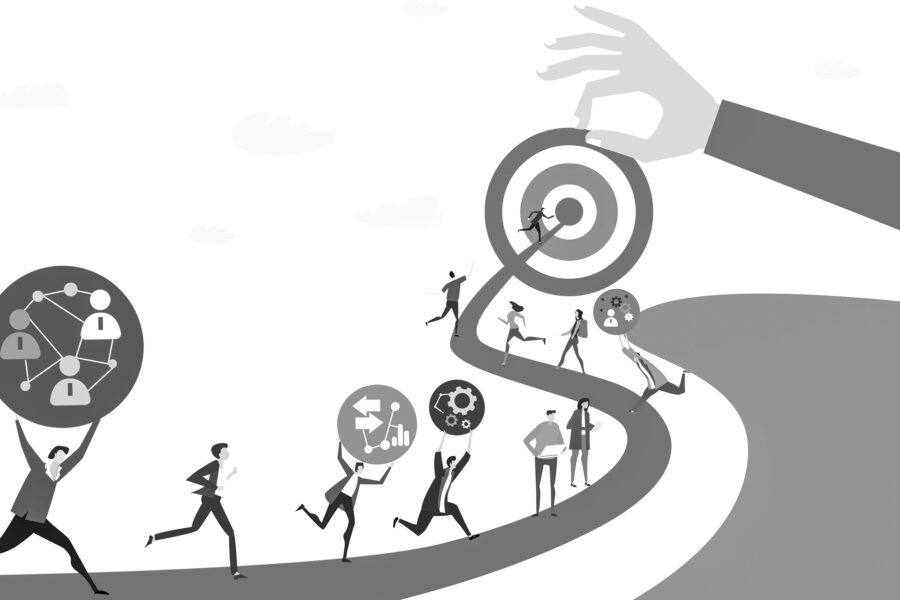 People are running to the target, which is handled by the businessman, with their strategic ideas.