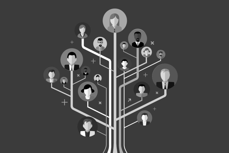 An illustration of a tree with people connected into one.