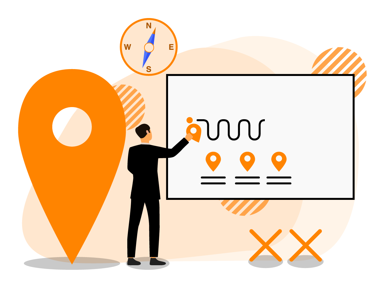 A person designs a customer journey using location pins and roadmaps