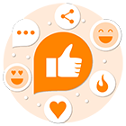Various social media-related icons float around with the thumbs up in the middle.