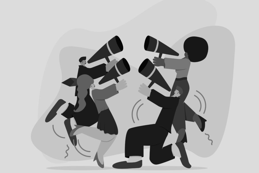 A group of people are amplifying their voice with their megaphones