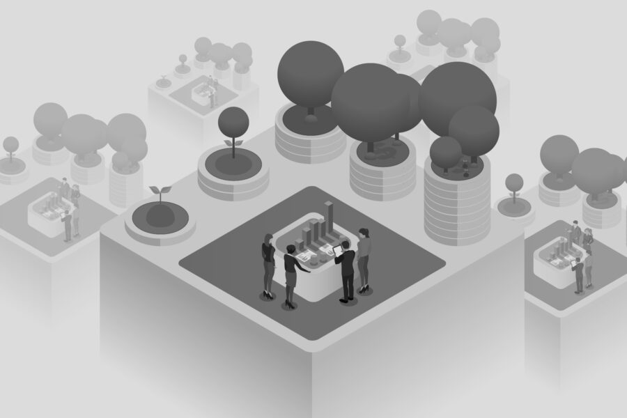 An illustration of brand valuation expressed as trees growing, while businesspeople are looking at how they grow their brand.