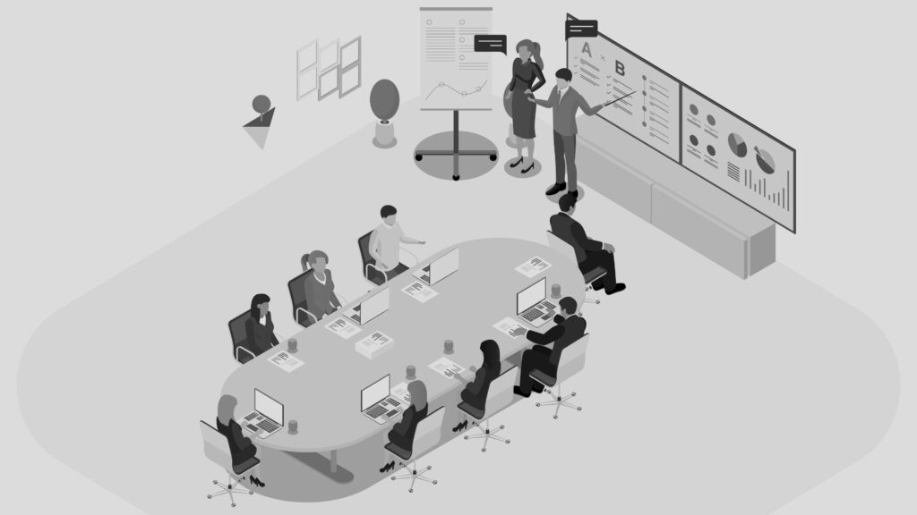 Illustration of two parties in a meeting about post-merger integration