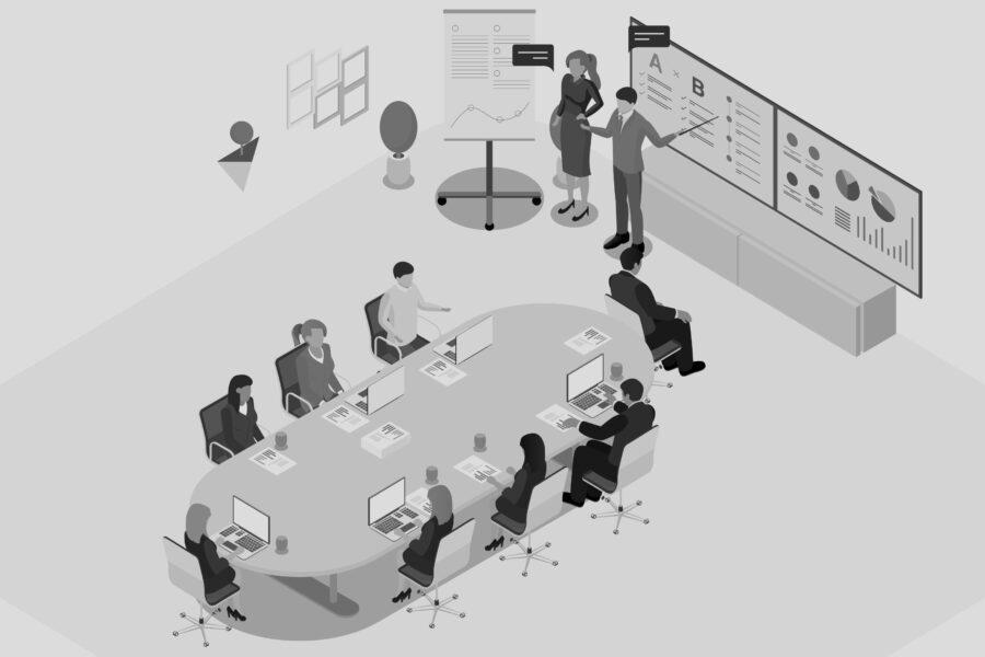 Illustration of two parties in a meeting about post-merger integration