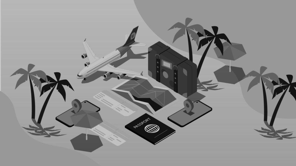 Illustration of various travel items in the tourism industry.