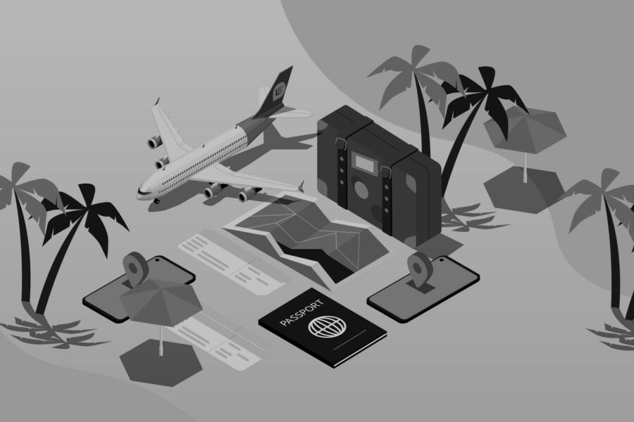 Illustration of various travel items in the tourism industry.