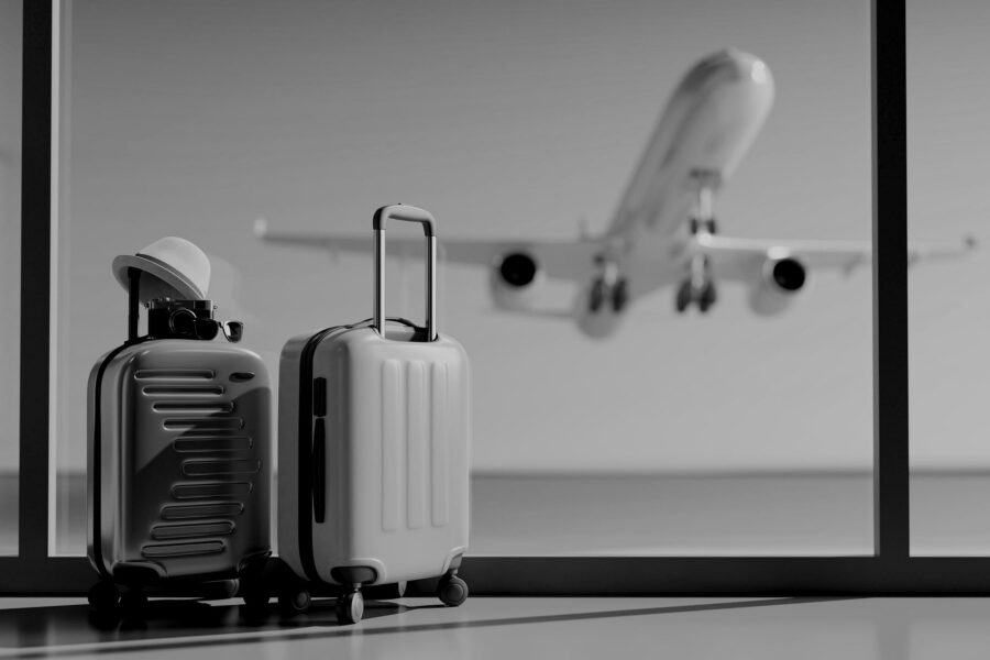 two briefcases with an airplane in the background